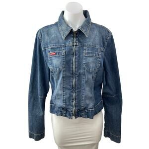 Guess Women's Blue Long Sleeve Pocket Full Zip Trucker Denim Jean Jacket Size XL